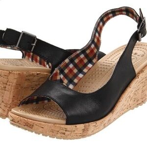 CROCS Black Cork-Look Wedge Slingback Sandals